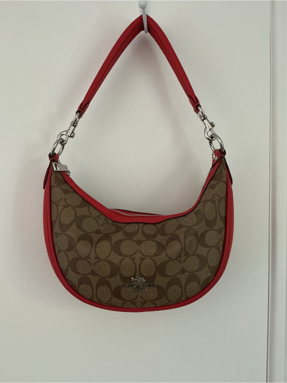 Coach Brown Signature Canvas Crescent Shoulder Bag with Red Trim - Picture 6 of 8